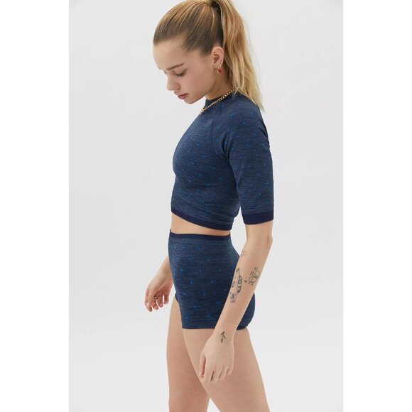 SPLITS59 Coco Navy Blue Polka Dot Seamless Jersey Cropped T-Shirt Top, Size S/M - Picture 2 of 15